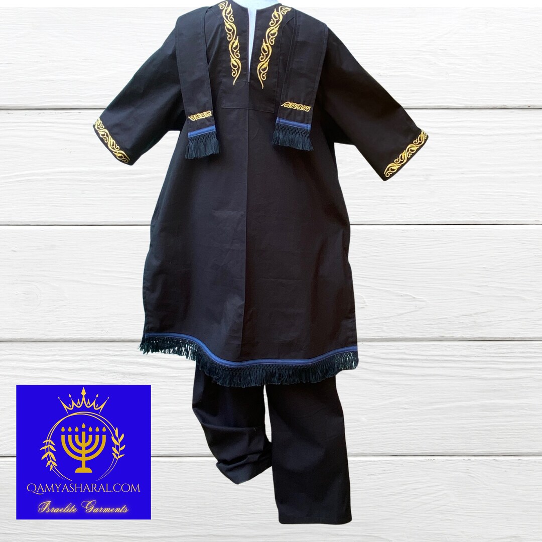 Black Hebrew Tunic With Fringes, Border and Gold Embroidery, Black