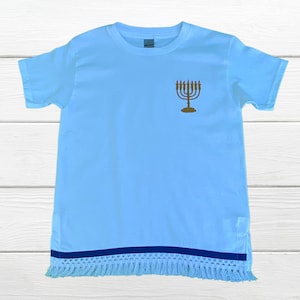 Men’s Embroidered Menorah White T-shirt with fringes and blue border, Hebrew Israelite, Israel, Fringes, Fringed garments,