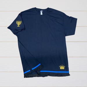Men&#39;s Israelite T-Shirts with Fringes and Embroidered  Gold Crown & MENORAH,T-shirt with fringes, fringes,Hebrew Israelite garments, fringes