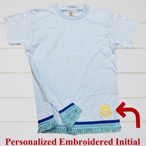 Hebrew YOUTH T-shirt with fringes,Embroidered Personalized letter initial, fringed T-shirt, Hebrew Israelite garments, clothes with fringes