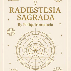 Puede incluir: Portada de libro beige con diseños geométricos dorados y el título "Radiestesia Sagrada". El nombre del autor, "By Poliquiromancia", está debajo. La portada presenta triángulos, círculos y patrones florales dorados.