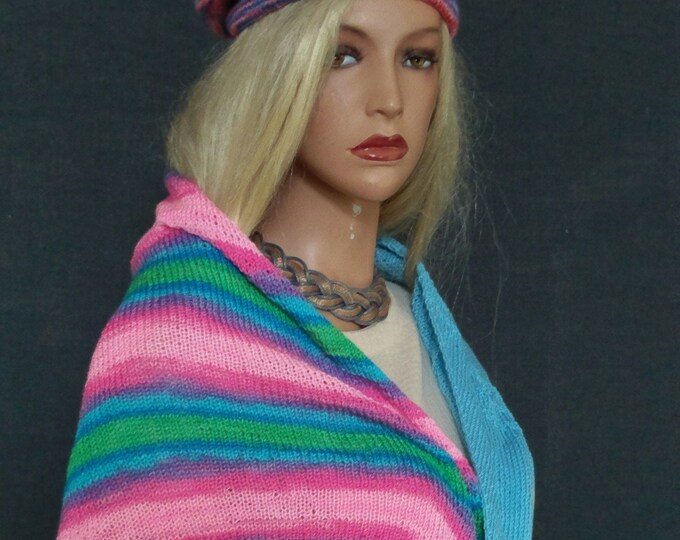 Colorful knitted women bactus, rainbow knitted women shawl, pink green blue knitted women scarf, Gift for her, Mother day gift