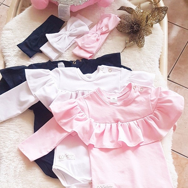 thuiskomen baby outfit, pasgeboren turnpakje gegolfd, baby eerste verjaardag turnpakje, wit / roze / zwart turnpakje, Körper mit Rüschen für ein Neugeborenes