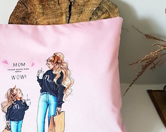 Mother and daughter digital print pillow case, Shopping print pillow case, pink pillow case, pink velor pillow case with zipper