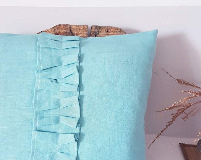 Elegant ruffled turquoise linen case, Linen ruffled pillow throw,blue ruffled linen pillow case,leinen KISSENBEZUG MIT KNÖPFEN, home decor