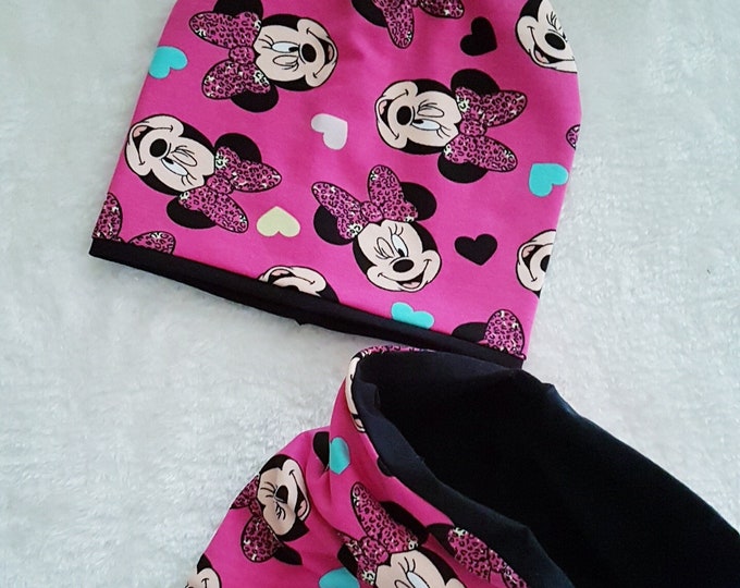 2pcs.Mütze mouse girls hat with the snood,Beanie und Loop Set ,mouse heads Sweat und Jersey kindermütze,mädchen junge mütze,mützen set