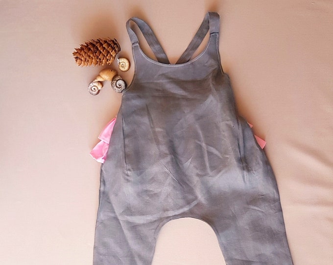 Kids newborn infant baby girls one piece linen romper clothes jumpsuit ruffled, Linen baby overall, natural baby overall