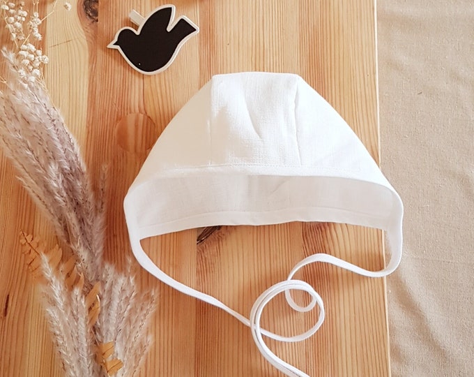 Colors#Linen baby bonnet,white linen baby bonnet,neutral baby bonnet,baptism baby bonnet,linen baby#kids hat,baby girl linen christening