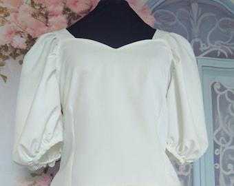 2pcs wedding puffy sleeves set, ivory bishop sleeves wedding blouse and long skirt ecru white wedding, simple elegant woman wedding apparel