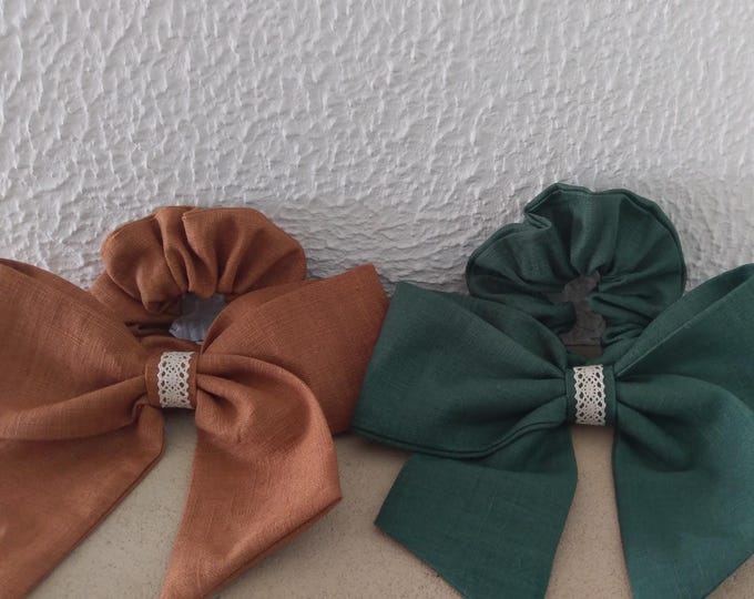 Big linen bow scrunchy,cinnamon brown dark green big linen scrunchies, linen hair accessories, leinen Haar Accessoires