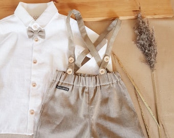 Baby boy linen birthday outfit ,christening boy linen outfit, wedding boy linen apparel,sage baby suit,suspender linen pants,first birthday