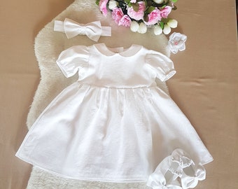 Ready,Christening baby gown,infant linen baptism dress,Peter Pan collar vintage retro classic girls linen dress,Weißes Leinenkleid,taufkleid