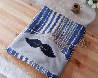 Striped linen personalized big towel, gift for him/mustache,father day gift, bath linen towel,Leinen Badetuch für Männer,