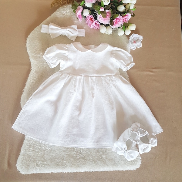 Prêt, robe de bébé de baptême, robe de baptême en lin pour bébé, col Peter Pan vintage rétro classique robe en lin pour filles, Weißes Leinenkleid, taufkleid