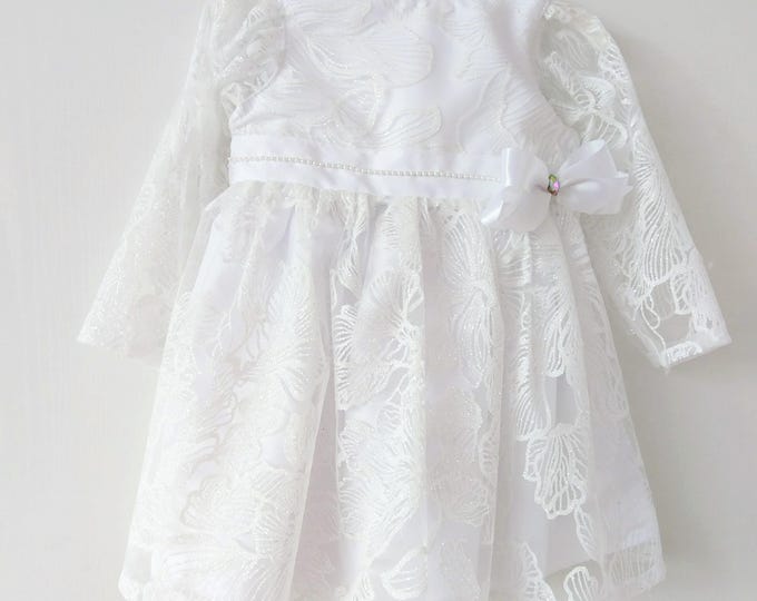 Shimmery ecru baby girl dress, christening ecru shiny ivory dress, ling sleeve flower girl/christening lace guipure shiny dress, Taufkleid