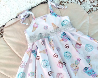 Ice cream party dress,girl summer donut #ice cream pattern pinafore dress, organic cotton donut#lollipop dress