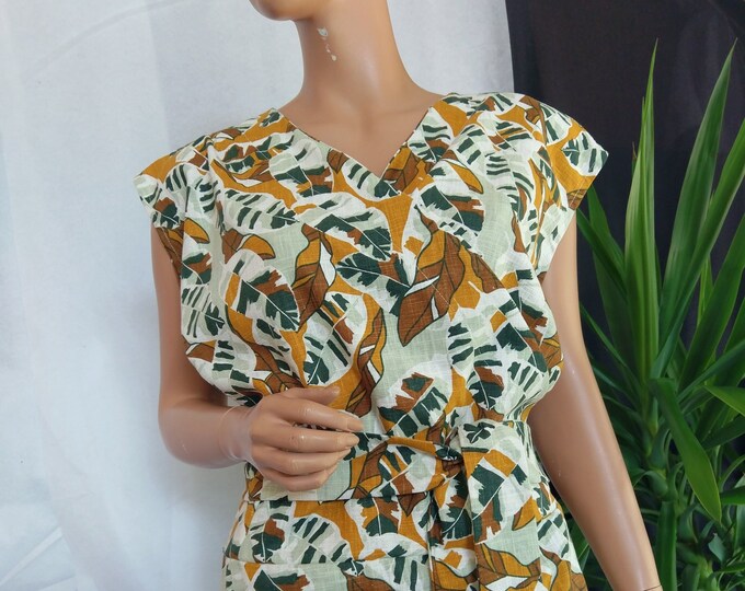 Vintage tropical leave Wrap linen dress,linen retro wrap shirt sleeves/sleeveless dress,wrap white/beige/rust, Leinen damen kimono kleid
