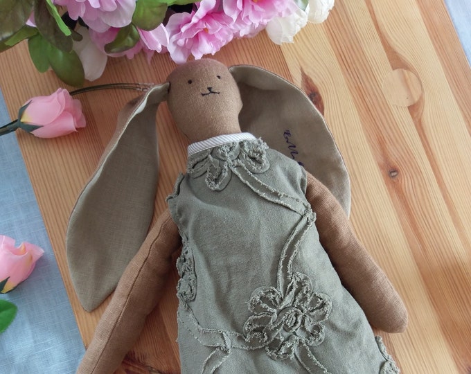 Colors#Tilda inspired linen fabric personalized rabbit girl,rabbit toy, linen rabbit, linen bunny personalized,Personalized gift linen girl