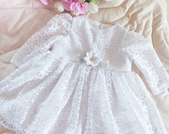 Elegant cotton lace cut out white Christening dress,wedding white lace dress,flower girl#birthday exquisite white lace eyelash trim dress