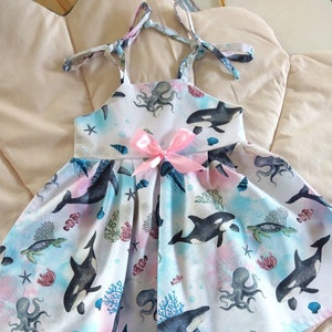 Sea world organic cotton girl sundress, shark print summer baby pinafore dress, fish print baby dress, Cotton dress shark, boy shirt shark