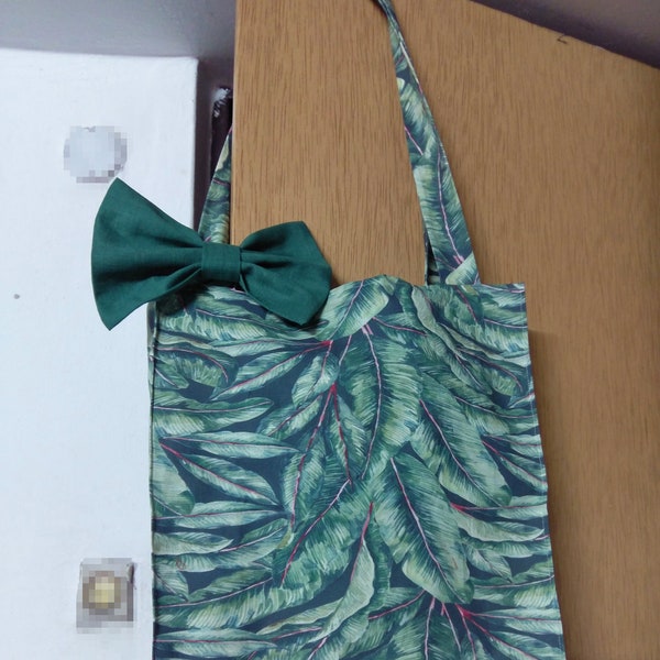Leaf Linen tote bag, ficus print shopping bag, big green linen bow bag, Leinentorba zum Kauf, plant motifs Leinen tote bag