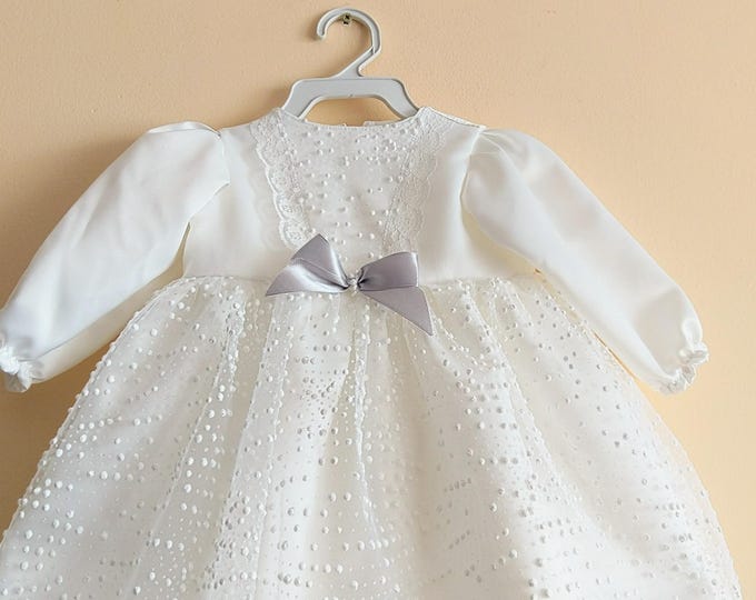 Ivory elegant shiny dots tulle christening/birthday/flower girl dress/party ecru satin girl dress, Taufkleid elegant,Puffy ivory long sleeve