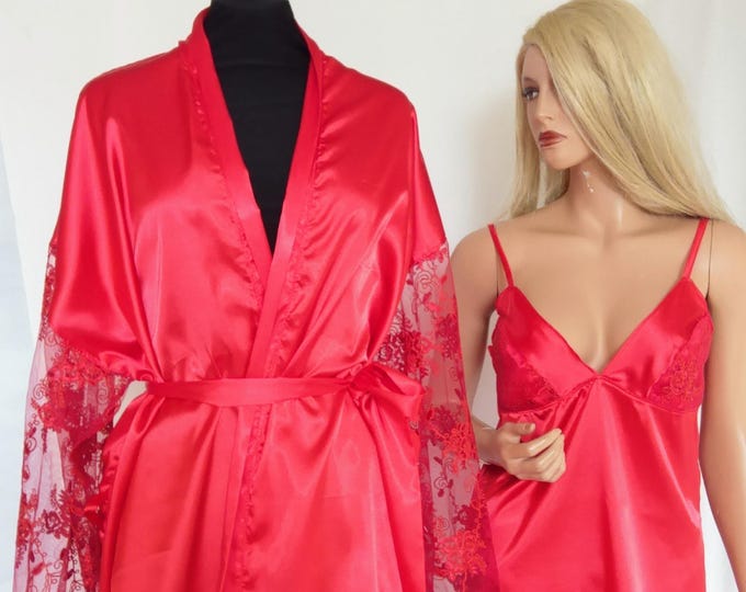 Elegant red woman night lingerie,Satin red lace guipure sexy lingerie nightdress and robe, Gift for her elegant red lingerie,bride lingerie