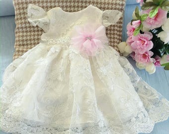 Christening ivory embroidered luxury lace dress,elegant off white /champagne lace dress,Birthday satin girl dress,Weißes taufkleid,baptême