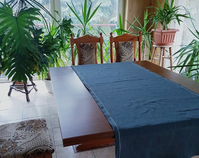 Dark gray embroidered linen table runner, linen table runner, linen tablecloth,
