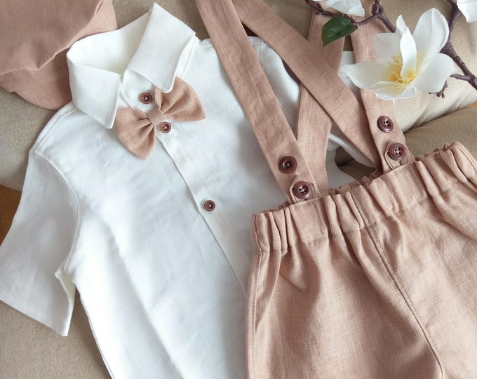 3pcs pure linen boy suit,suspender Dusty linen shorts,linen rustic,birthday linen suit,Christening baby linen outfit,wedding boy linen suit