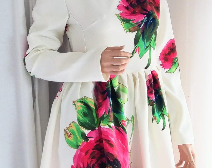 Solid ivory floral woman dress, elegant dress with long sleeves and roses,event/birthday/wedding quest dress Elegantes Blumenkleid für Damen