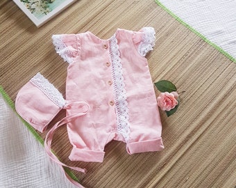 Princess Pink Linen flutter sleeve Lace coming home romper, lace pink Linen newborn bonnet, Leinen Neugeborene Strampler, linen onesie pink,