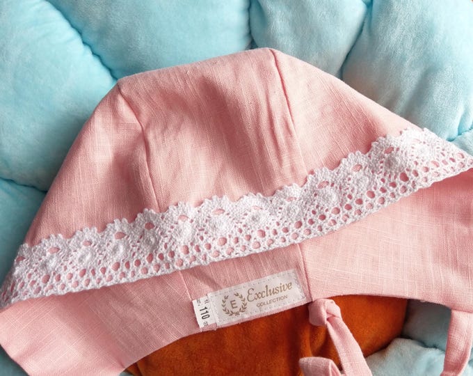 Pink linen princess bonnet, linen cotton lace bonnet, newborn pink linen bonnet, lace trim bonnet