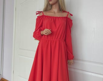 Coral red off shoulder soft woman dress, puffy sleeves off shoulder dress, adjustable off shoulder red dress, Rote Damen Kleid