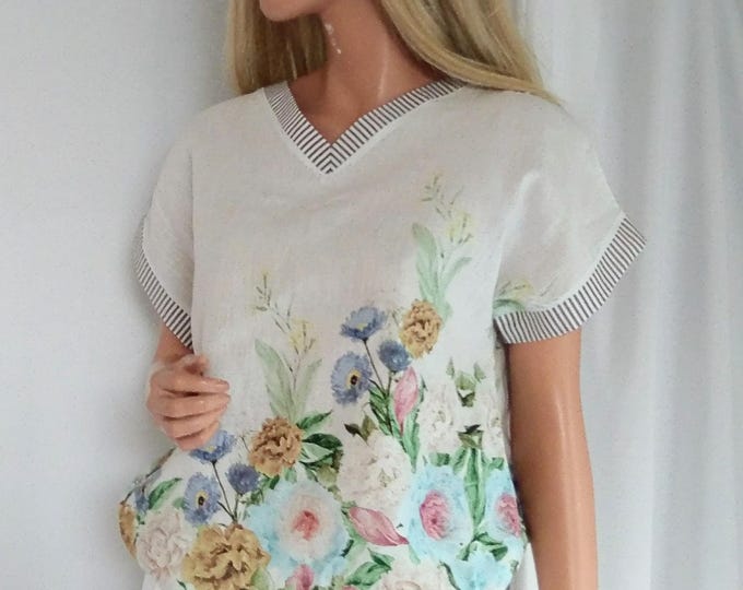 Extra price! 2pcs. Linen woman set, linen maxi pistachio melange skirt and linen digital print floral striped top V-neck, Linen floral top