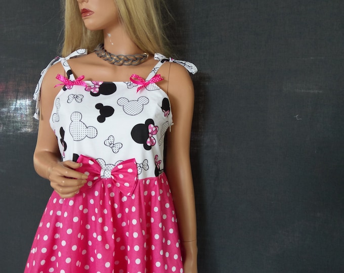Inspired mouse heads print pinafore women/girl dress, Mouse heads sundress,Polka dot Mouse ears pinafore dress,Birthday mouse outfit,