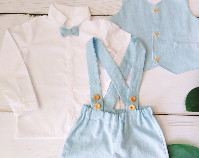 Colors#3pcs.linen boy outfit,pure linen boy suspender shorts,linen boy waistcoat,linen bow tie boy suit,birthday #wedding #baptism linen boy