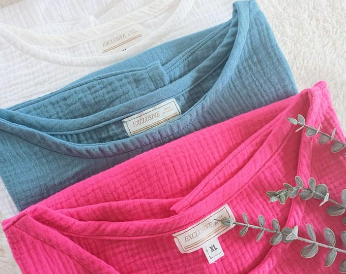 Colors#XS-3XL muslin woman loose top, simple woman gauze Cotton blouse, oversize woman shirt,Damen aus Musselin top