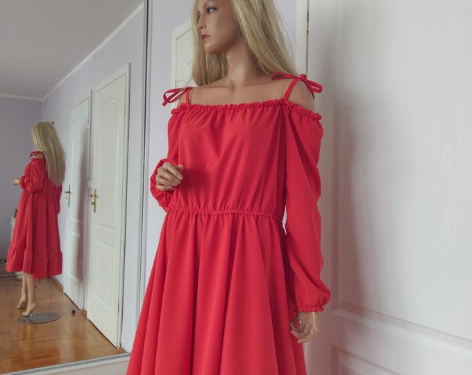 Coral red off shoulder soft woman dress, puffy sleeves off shoulder dress, adjustable off shoulder red dress, Rote Damen Kleid