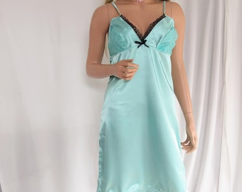 Luxury turquoise soft satin nightdress,lace guipure babydoll satin nightdress woman,elegant nightdress satin,