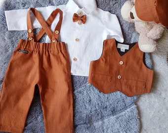 Colors#Linen terracotta suit,Christening linen outfit,cooper linen suspenders pants,linen baptism outfit,first birthday /ring bearer suit