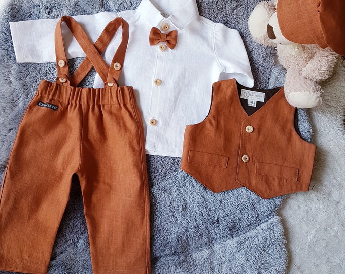 Colors#4pcs Linen terracotta suit,Christening linen outfit,cooper linen suspenders pants,linen baptism outfit,birthday/ring bearer suit