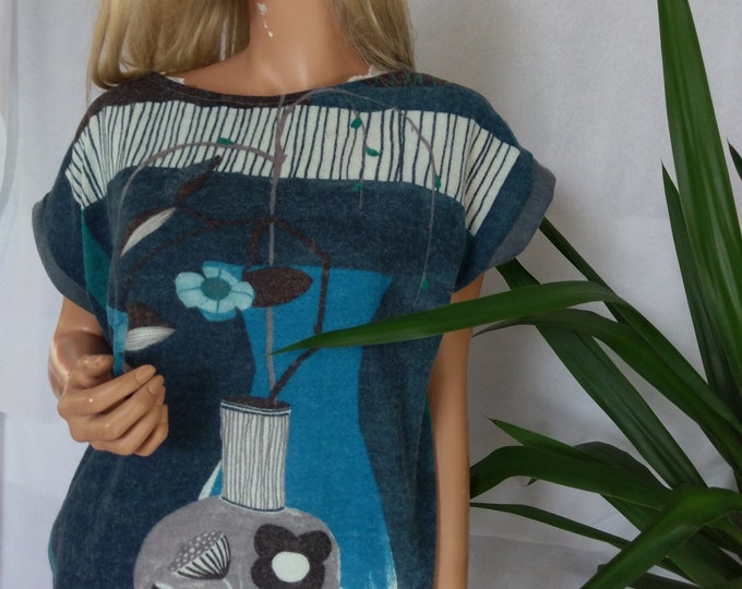 Navy Vintage Vase Abstraction mohair waistcoat, Woman mohair flower panel sleeveless warm elegant top#sleeveless mohair blouse, mohair veste