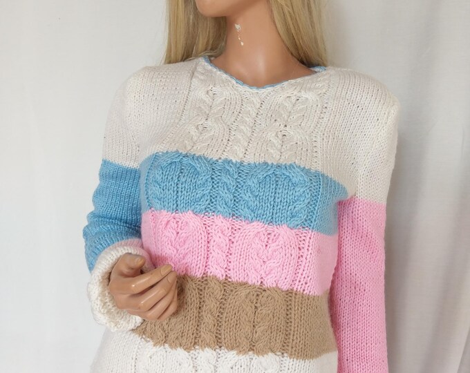 Only one extra Soft color block striped alpaca/merino wool hand aran knitted sweater,V-neck cables aran knitted original woollen sweater