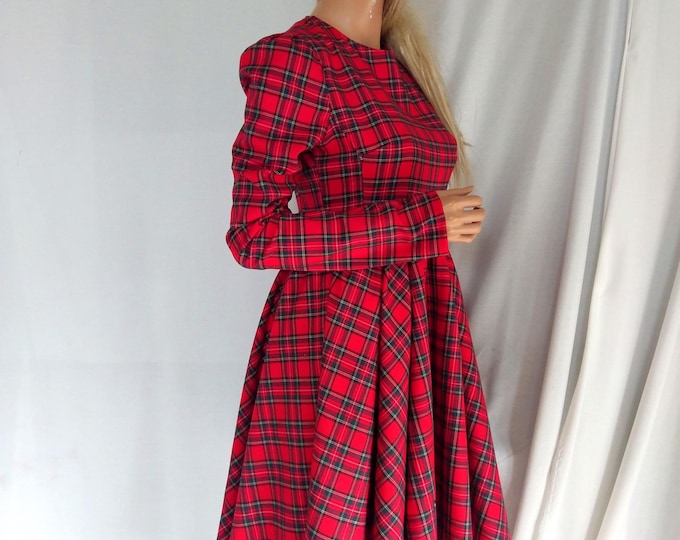 Colors#Elegant classic red tartan check dress,woman tartan dress red/royal blue/beige check dress,Christmas dress, woman checked plaid dress