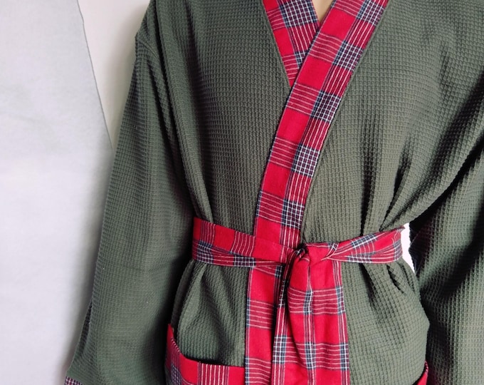 Khaki green waffle textured men's/woman's bath robe, soft cotton sage red tartan check robe, gift for him robe checked