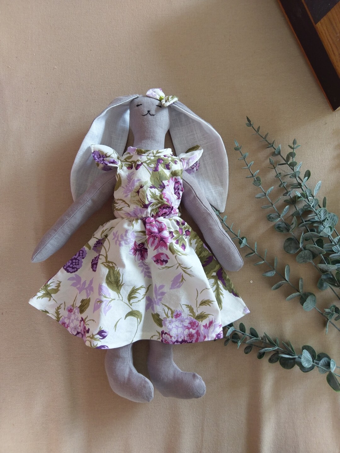 Tilda Inspired Linen Fabric Rabbit Girl,floral Dress Rabbit Toy, Linen ...