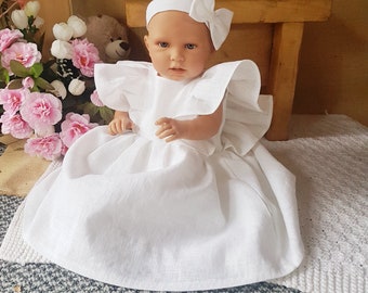 Vestido de bautizo de lino blanco, vestido de niña con volantes de lino aleteo, vestido de cumpleaños de lino boho, vestido de lino de bautizo, Weißes Leinen kleid