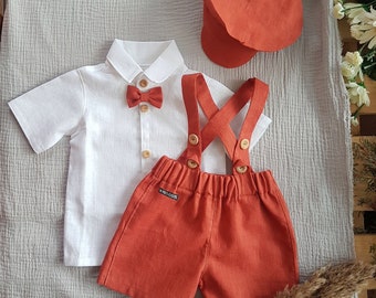 3pcs pure linen boy suit, suspender rust linen shorts,linen rustic,birthday linen suit,Christening baby linen outfit,wedding boy linen suit