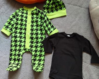 Ready, 3pcs. Newborn coming home outfit, houndstooth green black newborn baby outfit, unisex newborn green houndstooth shower gift